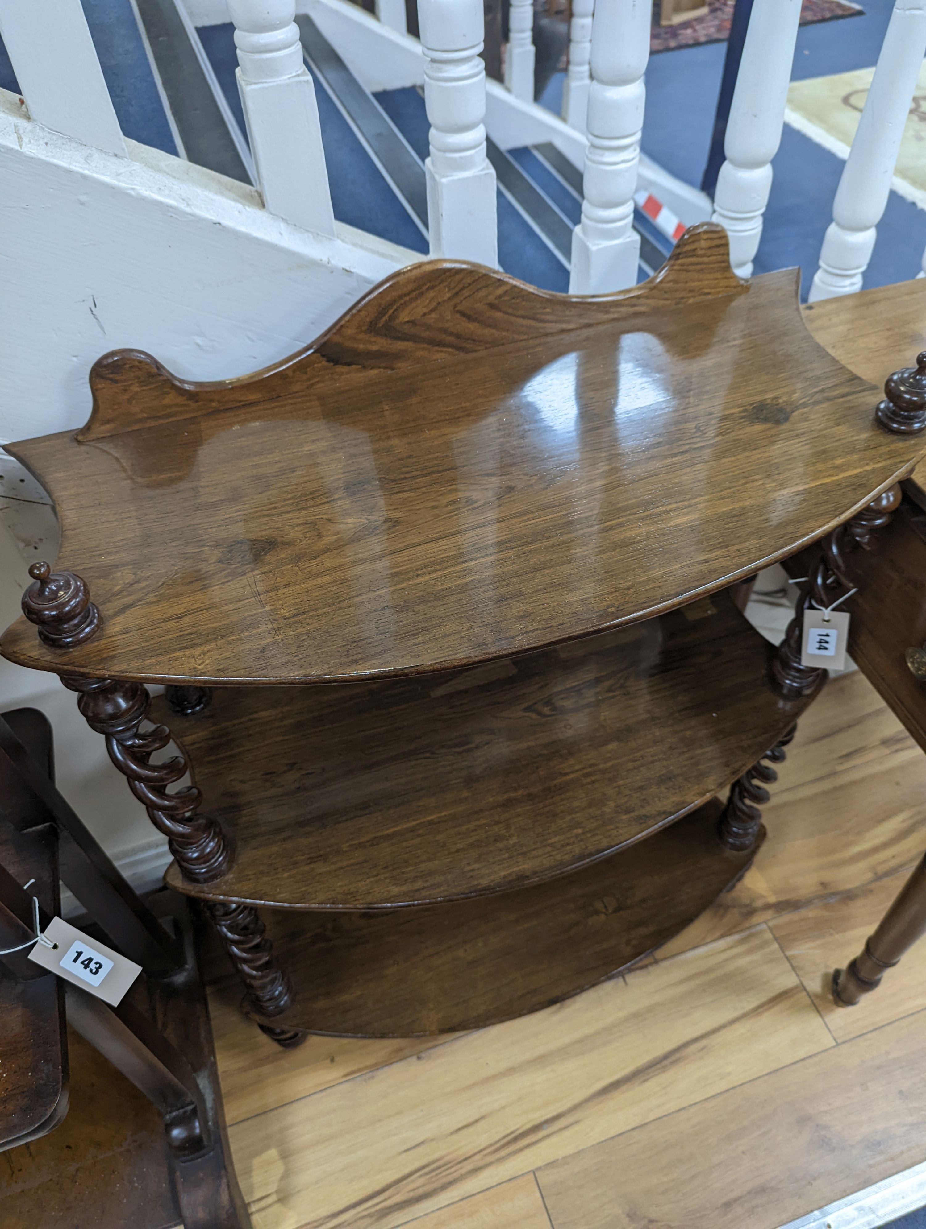 A Victorian Rosewood three tier whatnot. W-70cm, D-32cm, H-73cm.